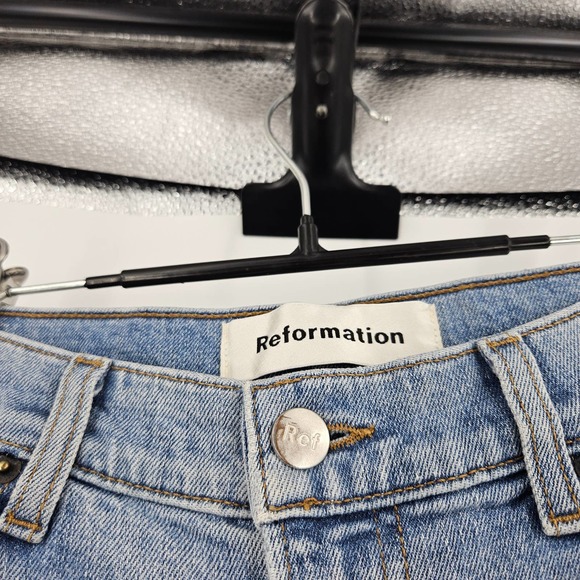 Reformation Jeans Blue Ripped Knee Distressed High Rise Straight Leg Denim Sz 27 - Picture 3 of 6